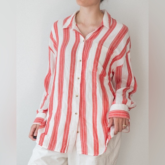 Old Navy Coral and White Striped Shirt - Picture 1 of 7